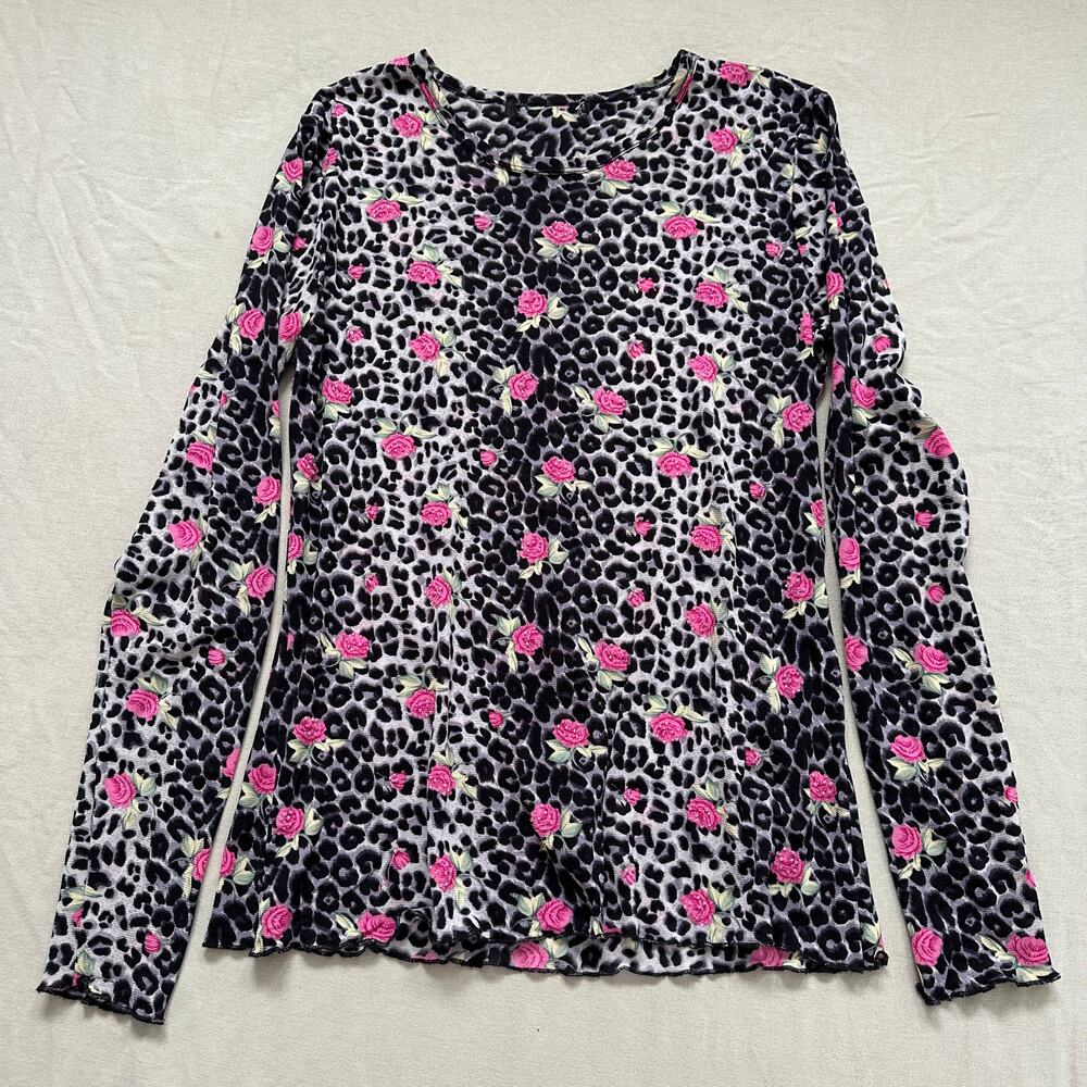 Vintage M / L Beaded Leopard Floral Print Mesh Sheer Long Sleeve Top Lettuce Hem